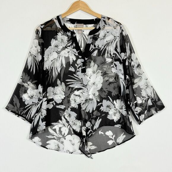 Chico's Black White Floral Sheer Tie Front 3/4 Sleeve Shirt Women's‎ 1 Medium 8 - Picture 1 of 7